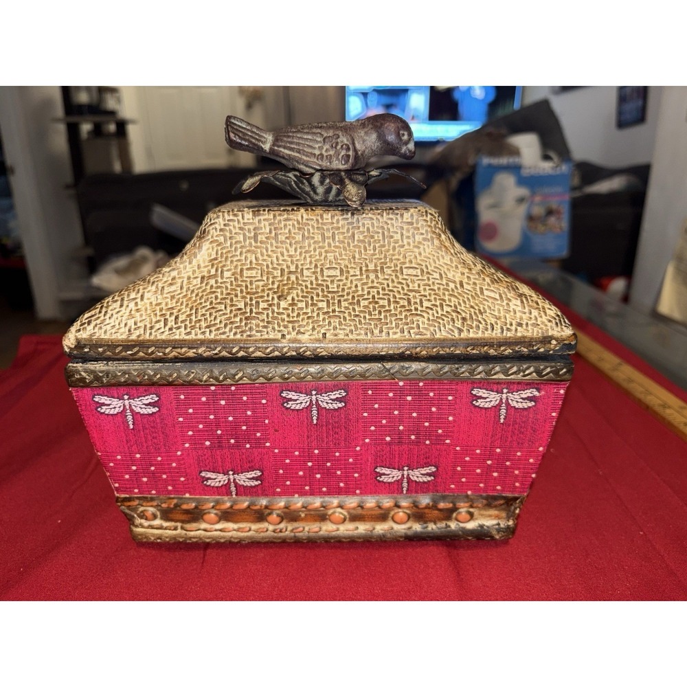 Vintage Decorative Trinket Box Red Dragonfly Basketweave Metal Bird Handle Large